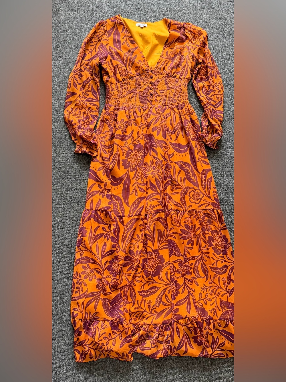 Patrons of Peace Orange Maxi Dress with Burgundy Floral Motif